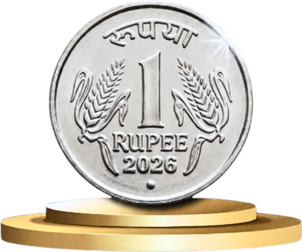 A one rupee coin dated 2026 on a gold stand